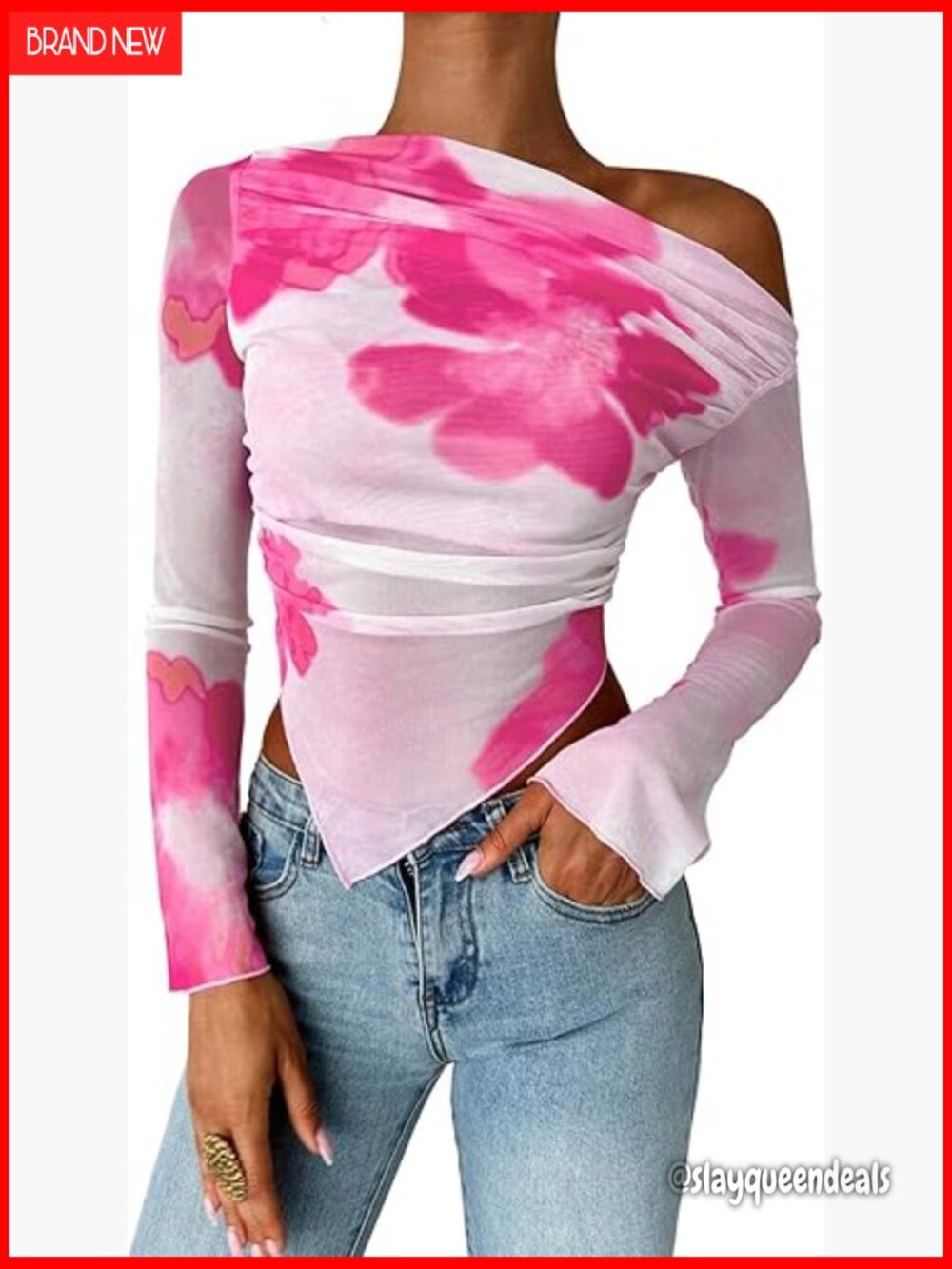 Sheer Mesh Flare Sleeve Off Shoulder Crop Top Slim Fit - Picture 1 of 5